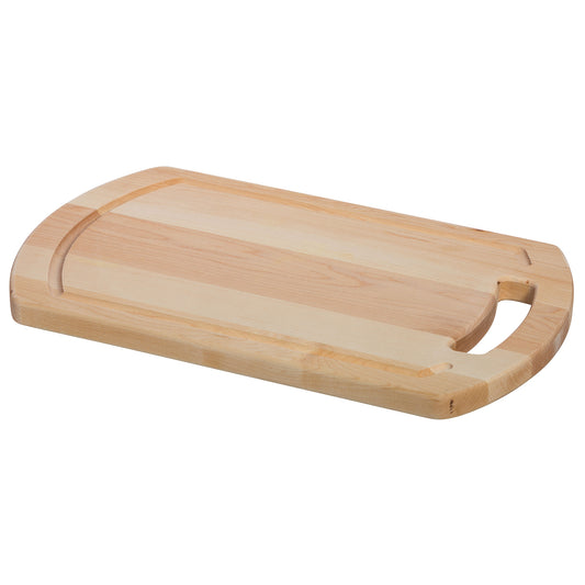 Angled view of the maple prep board with a juice groove and handle.