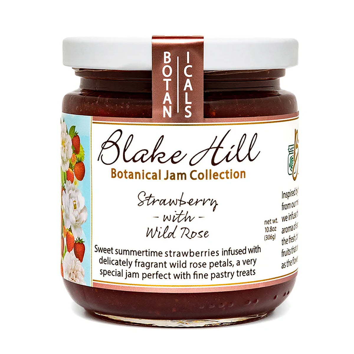 Jar of Blake Hill Botanical Jam Collection with strawberry and wild rose flavor on a white background