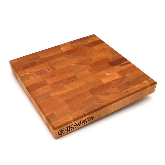 Cherry end grain cutting board angled view.