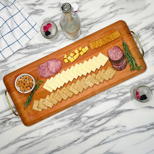 JK Adams Cherry Serving Tray Lifestyle cheese, charcuterie, crackers and rosemary