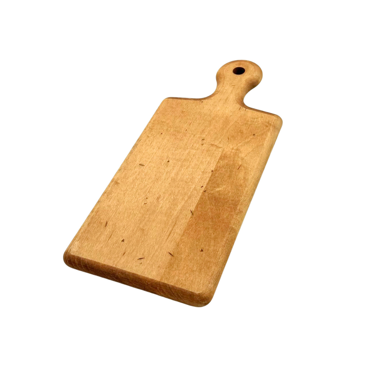 Wooden cutting board with a handle on a white background