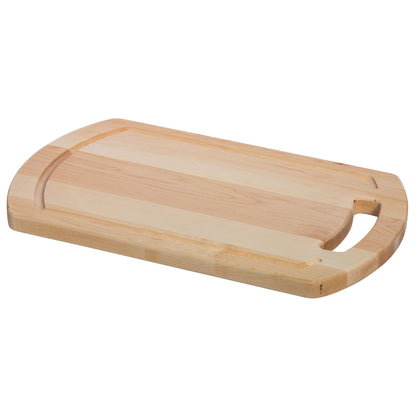 Angled view of the maple prep board with a juice groove and handle.  