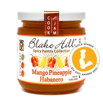Jar of Blake Hill Mango Pineapple Habanero jam on a white background