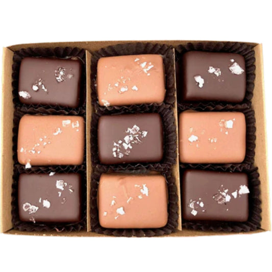 Dark + Milk Chocolate Covered Salted Caramels- 9 piece