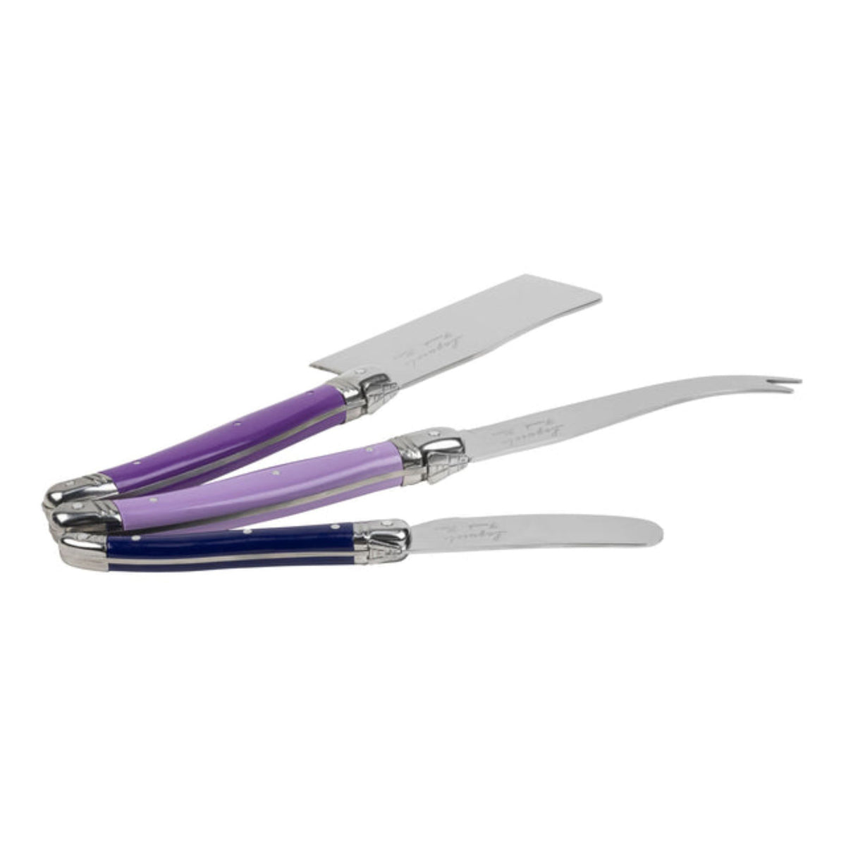 Angled view of set of 3 purple Lauguoile cheese knives.

