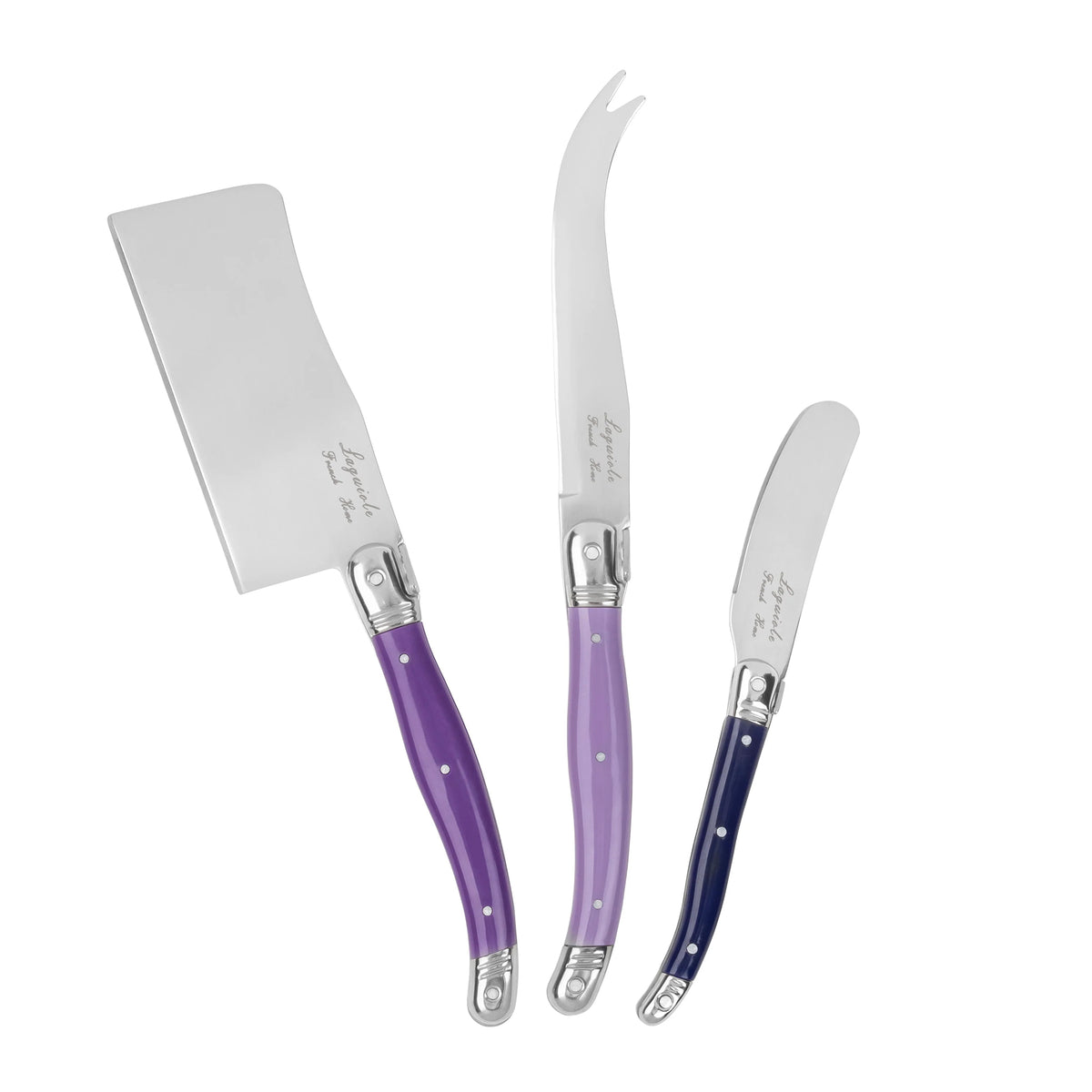  A set of three cheese knives with purple handles. 