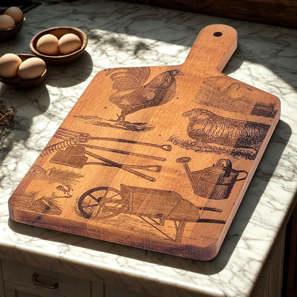 Artisan Maple Rectangle Handled Serving Board - Vintage Farm Collage