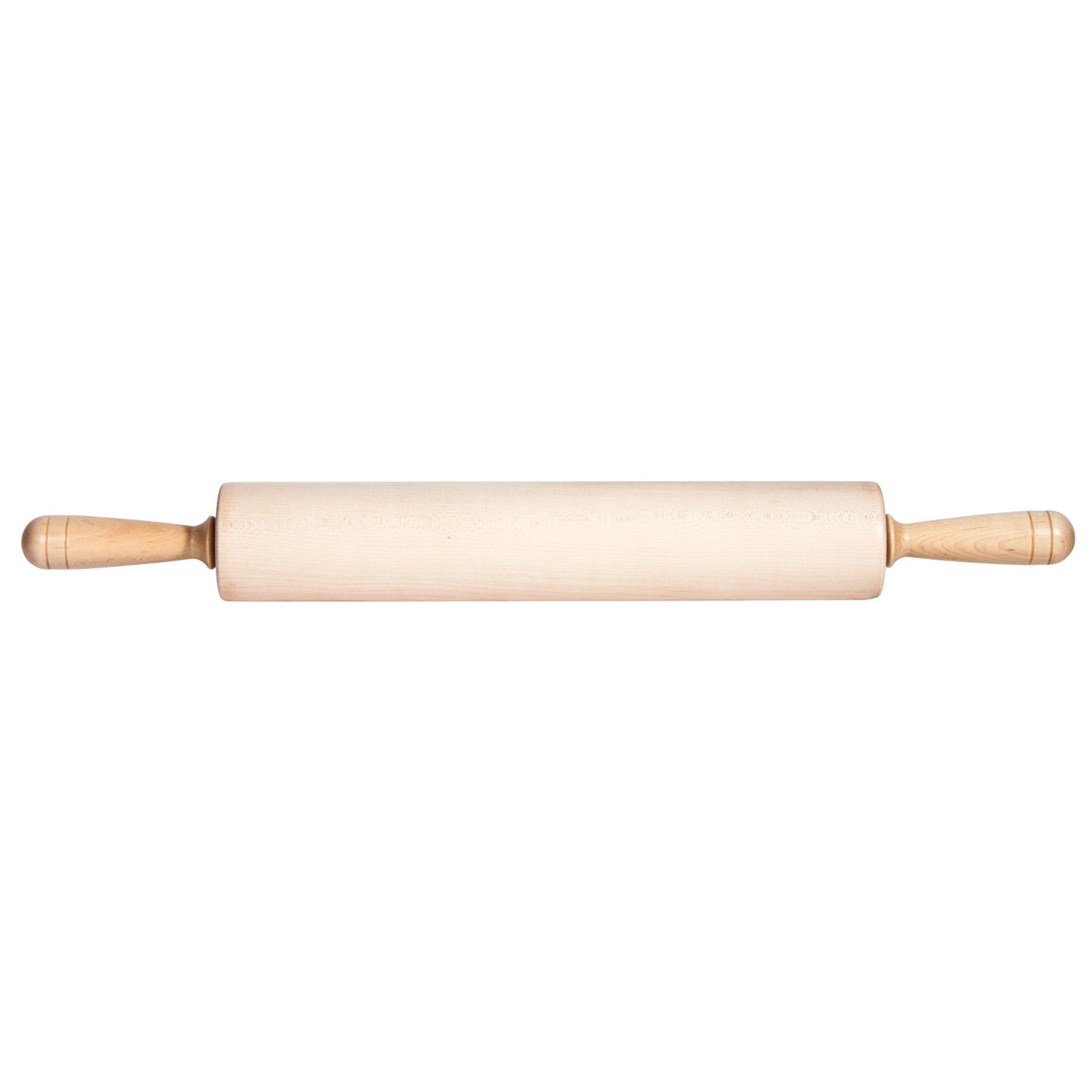 A wooden rolling pin with cylindrical body and handles on each end, placed on a white background.