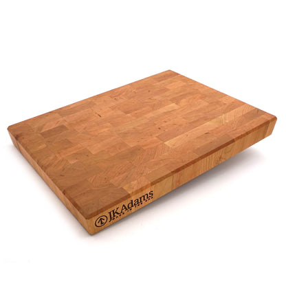 An angled view of the rectangle Cherry end grain cutting board. 