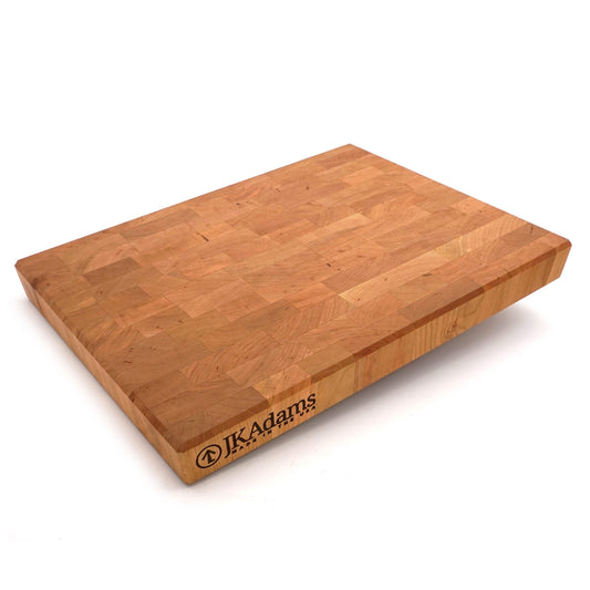 An angled view of the rectangle Cherry end grain cutting board. 
