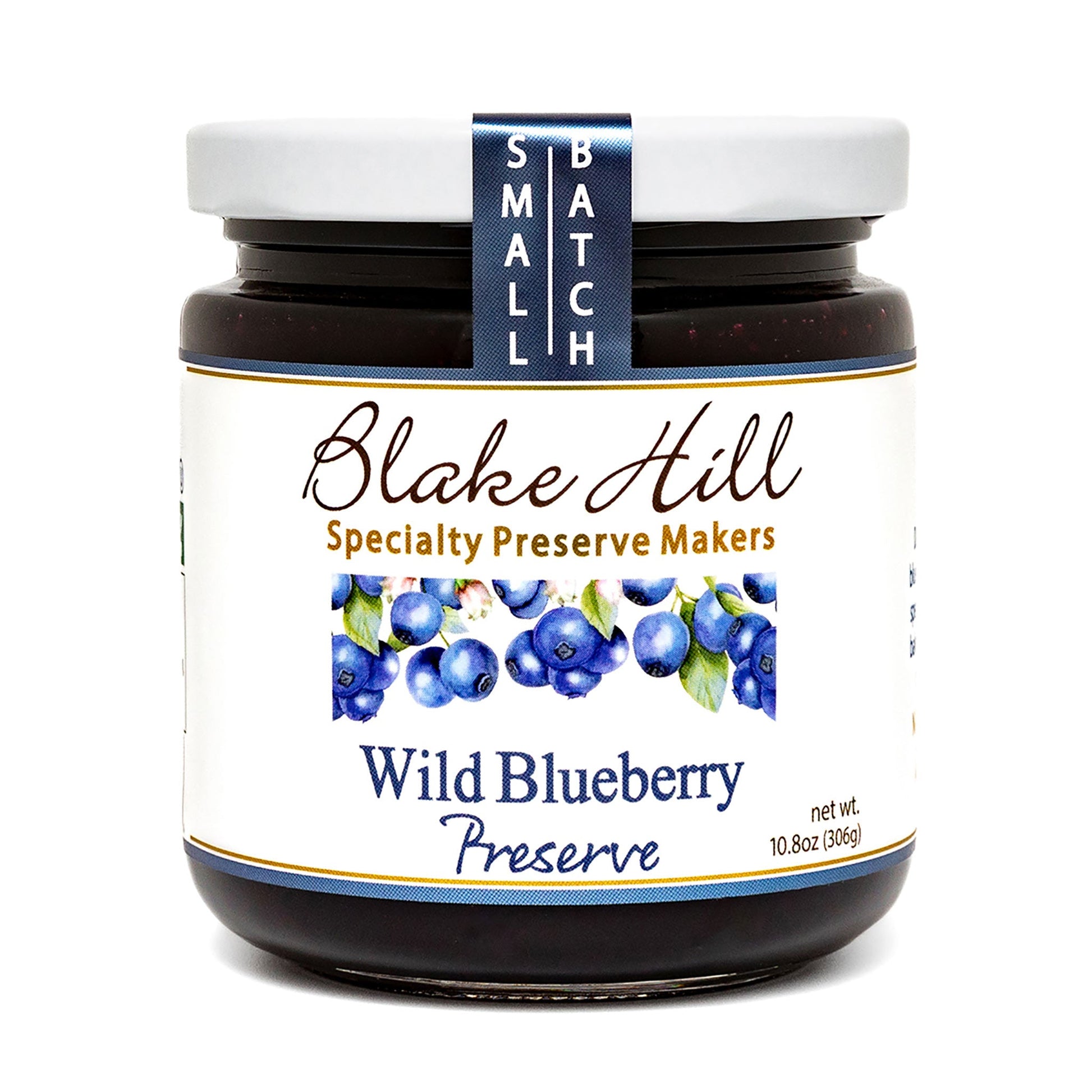 Jar of Blake Hill Wild Blueberry Preserve on a white background